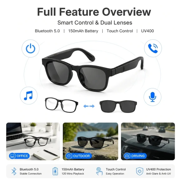 Smart Bluetooth Glasses with Built-in Speakers — Smart Glasses, AIMB