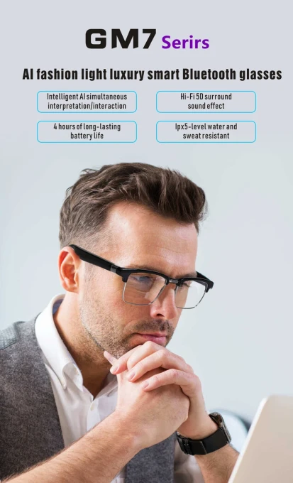 Bluetooth Music Calling AI Translation Anti Blue Light UV Hybrid Full Eyebrow Smart Glasses — Smart Glasses, GM7
