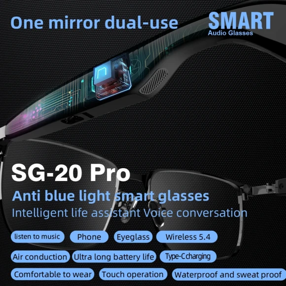 Wireless Call Music Playback Full Frame Sunglasses with Blue Light UV Protection and Waterproof — Smart Glasses, SG