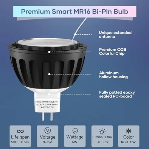 Color Changing Smart GU5.3 LED Bulb, Dimmable (6-Pack) — Smart Light Bulb, Gardencoin