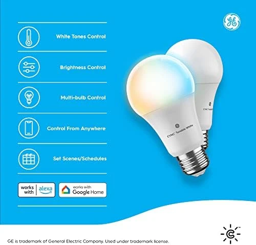 Smart Tunable White A19 LED Light Bulb, 60W Replacement, 2-Pack — Smart Light Bulb, GE