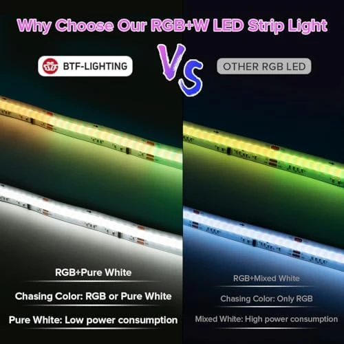 Smart IC RGBW COB LED Strip 3000K, 16.4FT, 273 LEDs/ft, Color Chasing and Uniform Light — LED Strip Lights, BTF-LIGHTING