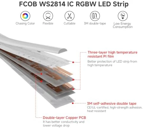 Smart IC RGBW COB LED Strip 3000K, 16.4FT, 273 LEDs/ft, Color Chasing and Uniform Light — LED Strip Lights, BTF-LIGHTING