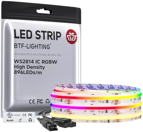 Smart IC RGBW COB LED Strip 3000K, 16.4FT, 273 LEDs/ft, Color Chasing and Uniform Light — LED Strip Lights, BTF-LIGHTING