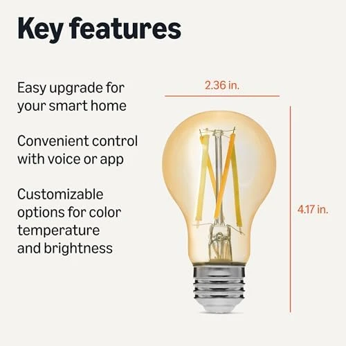 Smart Filament LED Bulb (Tunable White, Dimmable, Works with Alexa, 4-Pack) — Smart Light Bulb, Amazon Basics