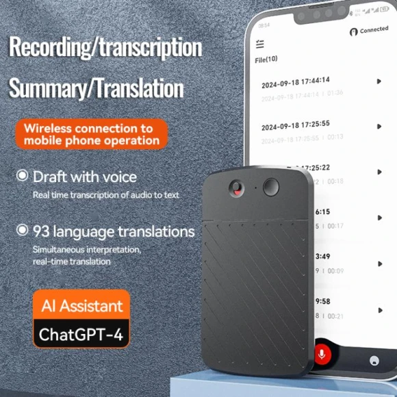 A3 Dual-key Arc-Frame Twill Texture Ultra-thin AI Smart Voice Recorder with AIREC App Support, 8GB — Translator Device