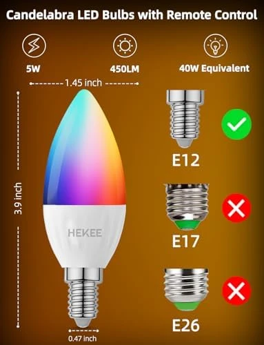Candelabra Light Bulbs, Color Changing with Remote — Smart Light Bulb, HEKEE