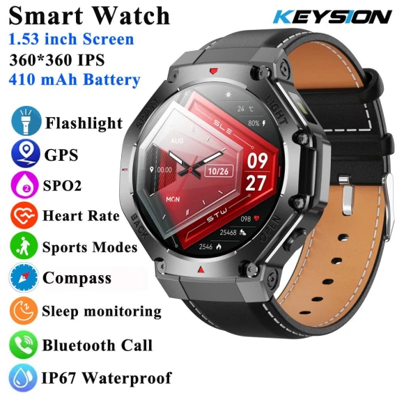 Outdoor Smart Watch with Flashlight, Compass, GPS Tracker, Health Monitor — Smart Watch, KEYSION