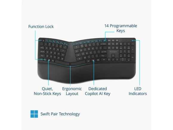 Pro Fit Ergo KB680 EQ Rechargeable Keyboard — Bluetooth Keyboard, Kensington
