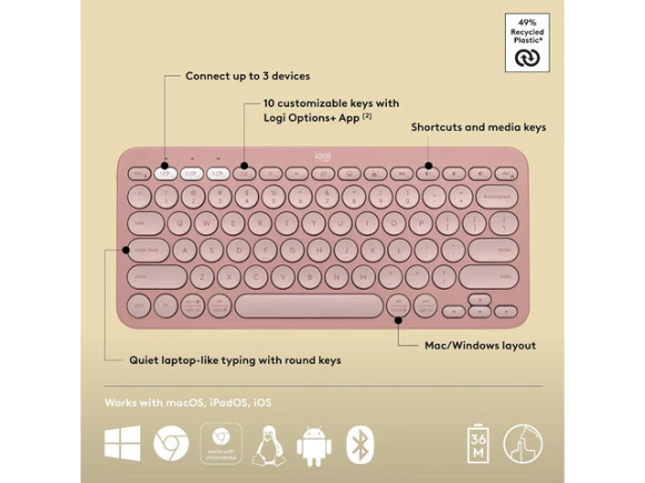 Wireless Keyboard Pebble Keys 2 K380s, Tonal Rose — Bluetooth Keyboard, Logitech