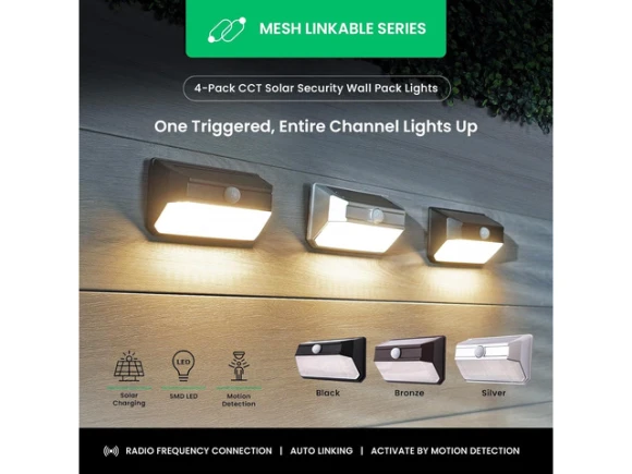 Solar SMD LED Security Wall Pack Light, Black, 4-Pack — Smart Outdoor Lighting, Home Zone Security