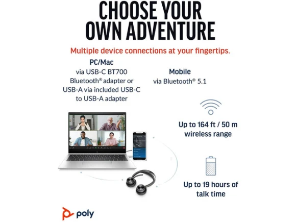 Voyager Focus 2 Headset with USB-C/A Adapter and Charging Stand — Wireless Earbuds, Poly