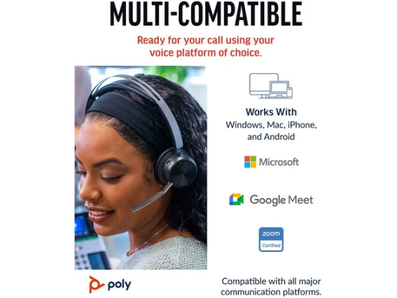 Voyager Focus 2 Headset with USB-C/A Adapter and Charging Stand — Wireless Earbuds, Poly