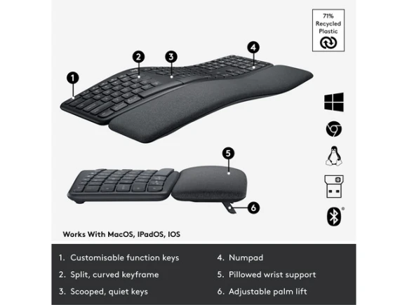 Wireless Ergonomic Keyboard, Black — Bluetooth Keyboard, Logitech