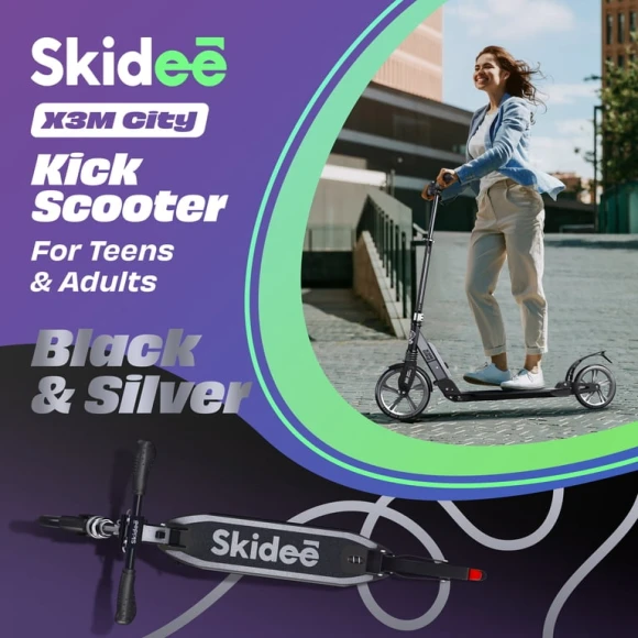 Adjustable Height Folding Scooter with Large Wheels, SKIDEE