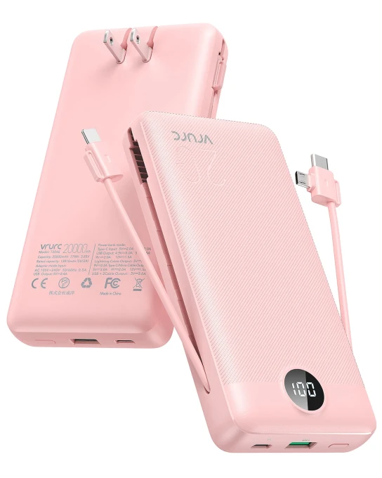 Portable Charger with Built-in Wall Plug and Cables — Power Bank, VRURC