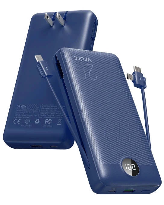 Portable Charger with Built-in Wall Plug and Cables — Power Bank, VRURC
