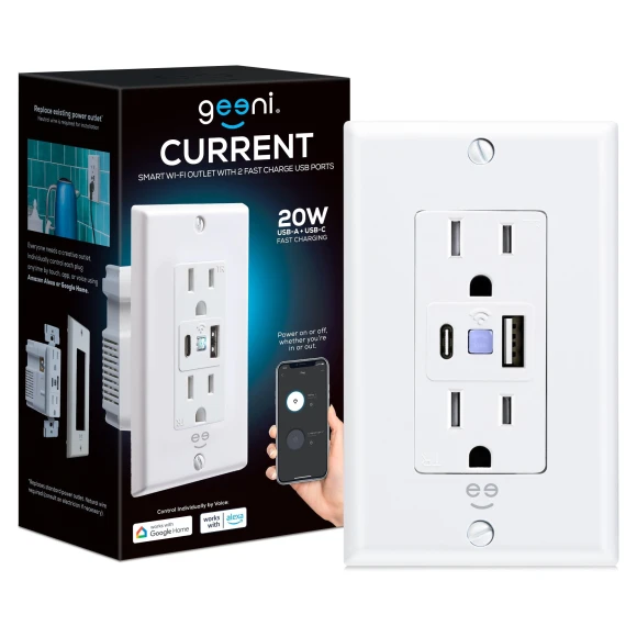 Current Smart Wi-Fi Outlet with 2 Fast Charge USB Ports — Smart Plug, Geeni