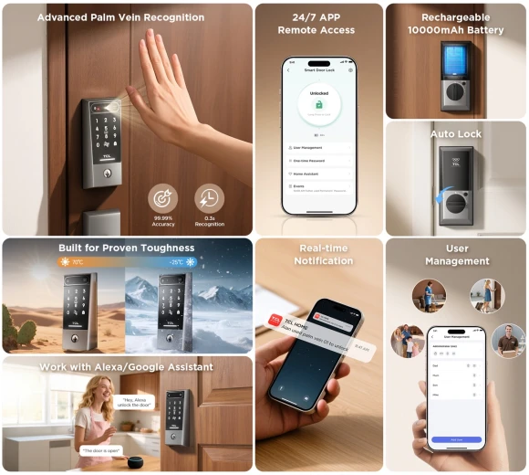 AI Palm Vein Smart Lock with Built-in Doorbell — Smart Lock, TCL