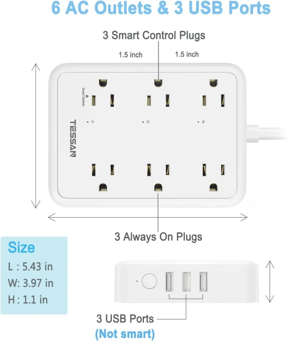 WiFi Flat Plug Strip with 3 Smart Outlets and 3 USB Ports — Smart Plug, TESSAN