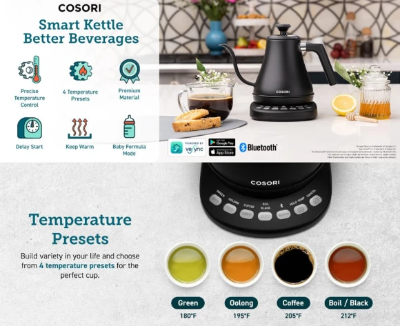 Electric Gooseneck Kettle with Variable Temperature Control — Electric Kettle, Cosori