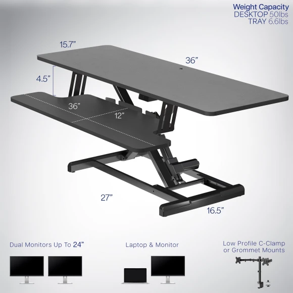 Electric Motor Desk Converter with Height Adjustable Riser and Wide Keyboard Tray — Standing Desk, VIVO