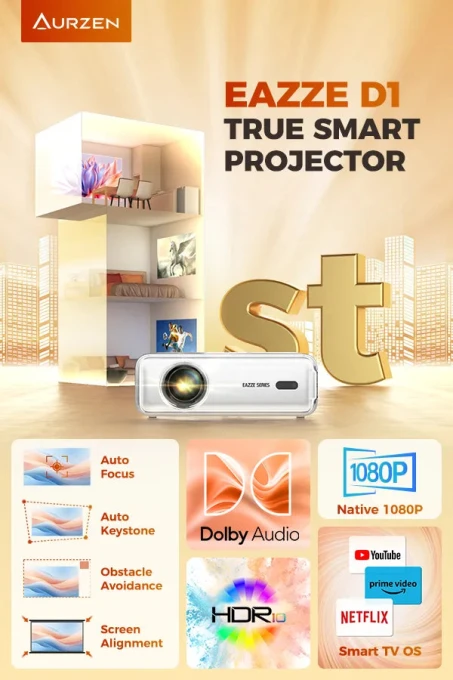 Smart Projector with WiFi and Bluetooth, Netflix-Officially-Licensed, Auto Focus & Keystone, Dolby Audio, Native 1080P,... — Smart Projector, Aurzen