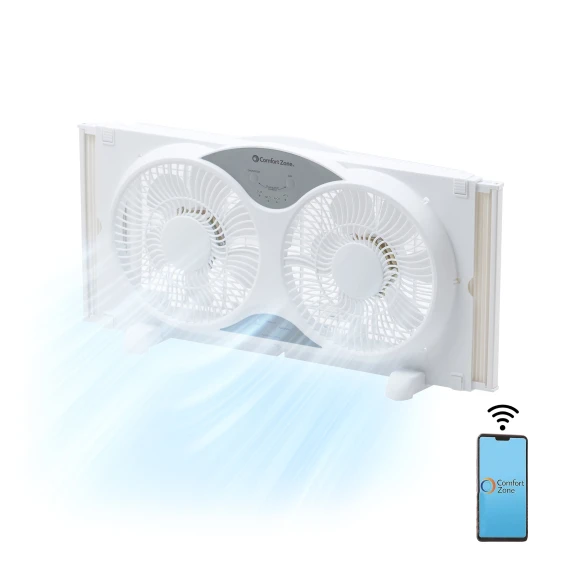Window Fan with Dual 3-Speed Fans, Auto-Locking Expanders, 3 Modes, Wi-Fi App Control, Fabric Cover & Bug Screen, Comfort Zone