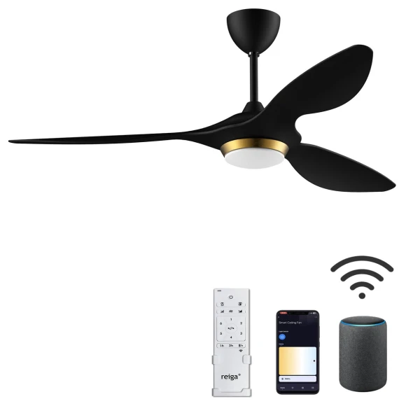 52 Inch Black Modern Ceiling Fan with Light and Remote Control — Smart Fan, reiga