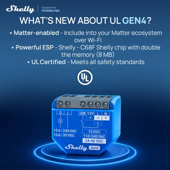 1 Gen4 Wi-Fi, Zigbee & Matter Smart Relay Switch with Dry Contacts, 1-Channel 16A — Smart Switch, Shelly