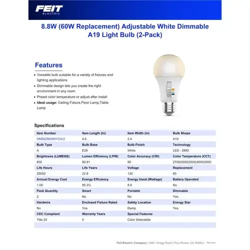 A19 LED Light Bulb, 60W Equivalent, Dimmable, Color Selectable 6-Way — Smart Light Bulb, Feit Electric
