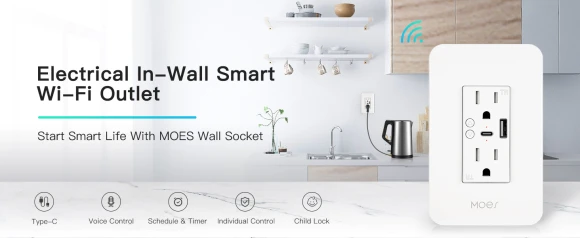 Smart USB Wall Outlet Receptacle with Type-C & Type-A Charger — Smart Plug, MOES