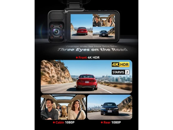3-Channel Dash Camera with 64GB Card — Dash Cam, REDTIGER