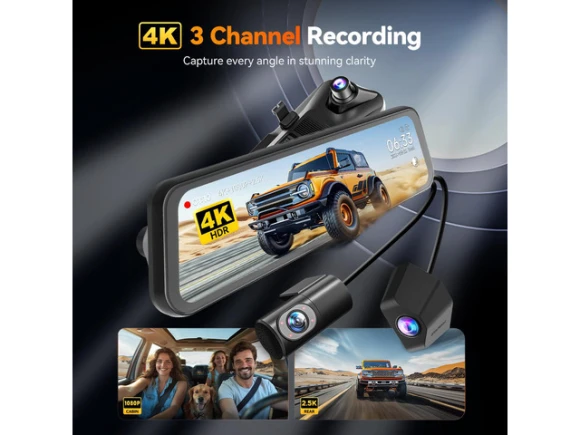 3-Channel Rear-View Mirror Dash Camera, Version 3 — Dash Cam, WOLFBOX