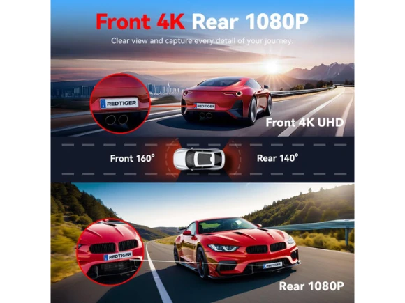 4K Front and 1080p Rear Dash Cam with 64GB Card — Dash Cam, REDTIGER