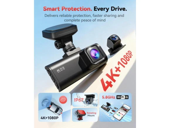 4K Front and 1080p Rear Dash Camera with 64GB Card — Dash Cam, REDTIGER