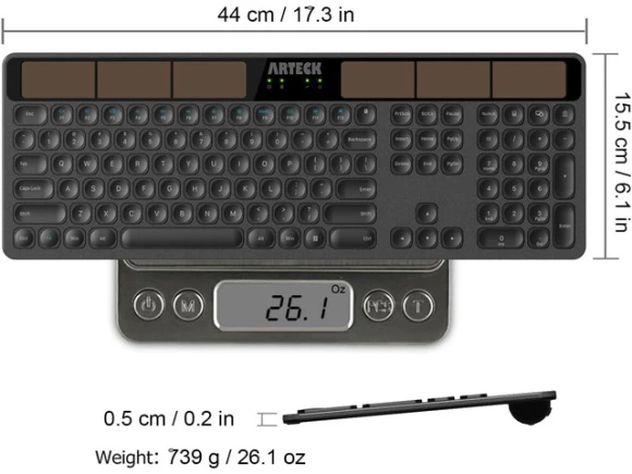 Full Size Wireless Solar Keyboard — Bluetooth Keyboard, Arteck