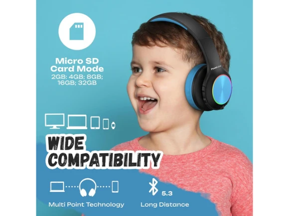Kids Bluetooth Headphones with LED Lights — Wireless Earbuds, PowerLocus
