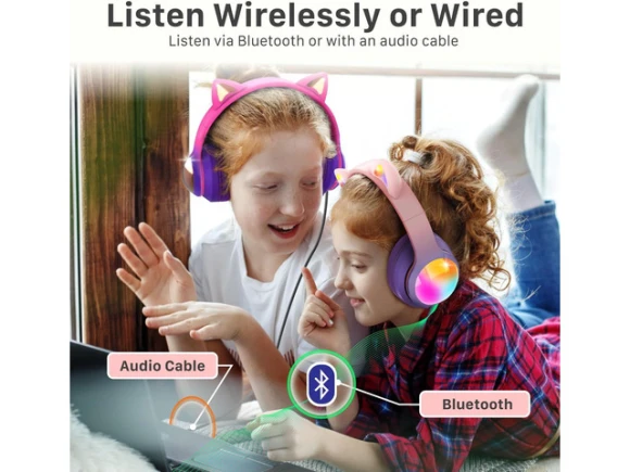 Wireless Headphones with LED Cat Ears — Wireless Earbuds, FosPower