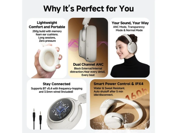 Over-ear hybrid active noise cancelling headphones, White — Wireless Earbuds, Generic Logic, Inc.