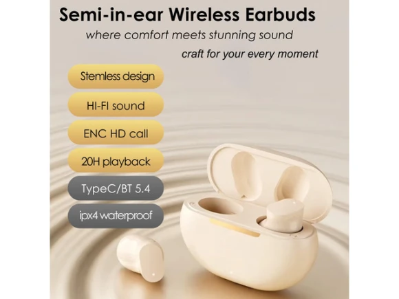 Beige Semi-In-Ear Bluetooth Earbuds — Wireless Earbuds, Generic Logic, Inc.