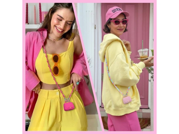 Wireless earbuds, Hot Pink, with mini handbag case and DIY stickers — Wireless Earbuds, Generic Logic, Inc.