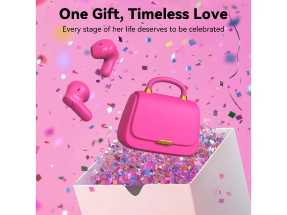 Wireless earbuds, Hot Pink, with mini handbag case and DIY stickers — Wireless Earbuds, Generic Logic, Inc.