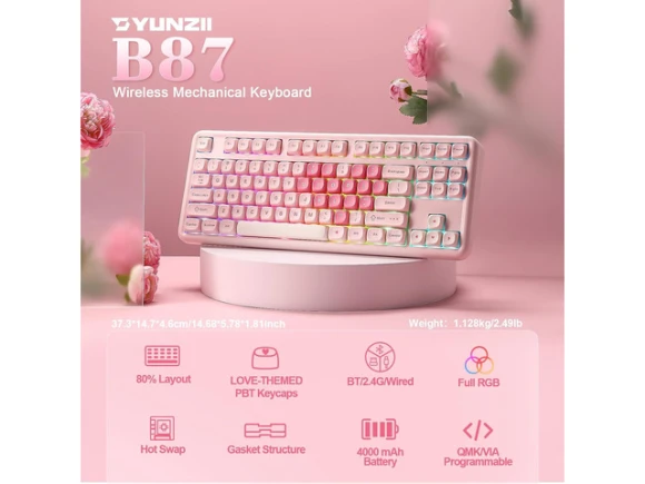 Pink Tenkeyless Wireless Mechanical Keyboard — Bluetooth Keyboard, YUNZII