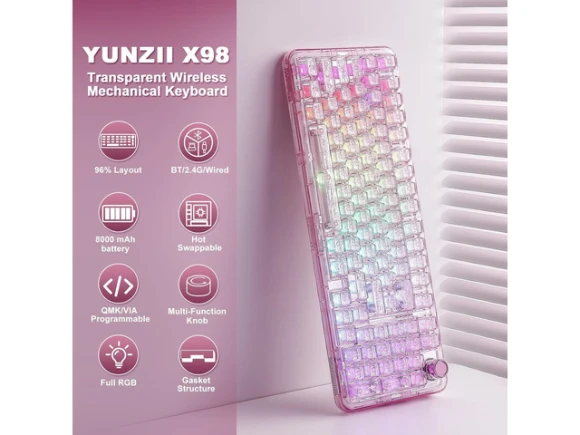 Pink Wireless Mechanical Keyboard — Bluetooth Keyboard, YUNZII