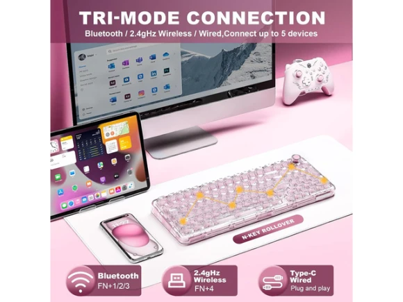 Pink Wireless Mechanical Keyboard — Bluetooth Keyboard, YUNZII
