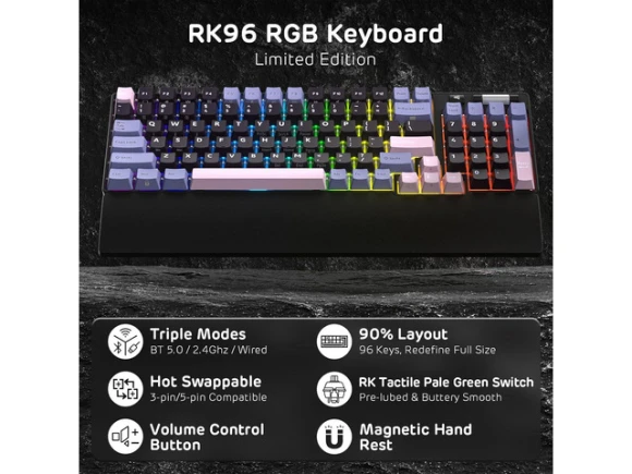 Wireless Mechanical Keyboard, 96 Keys, 90% Layout — Bluetooth Keyboard, RK ROYAL KLUDGE
