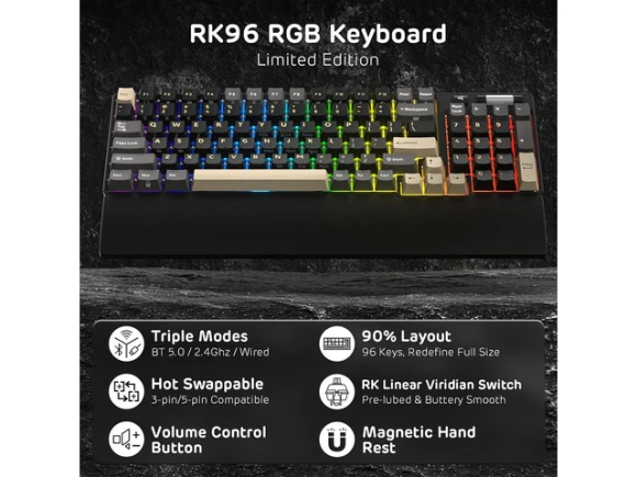 Wireless Mechanical Keyboard with Wrist Rest, 90%, Limited Ed — Bluetooth Keyboard, RK ROYAL KLUDGE