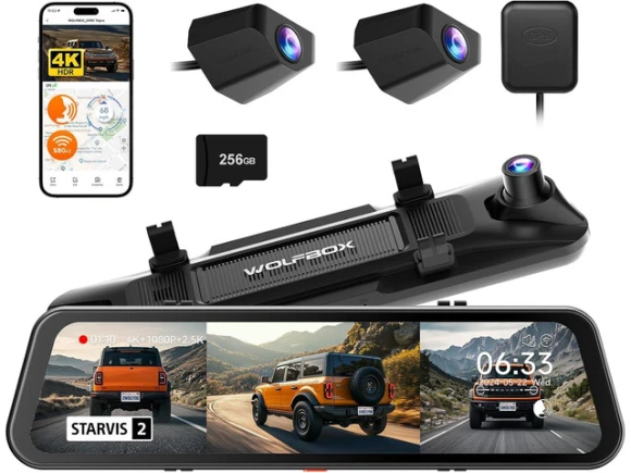 3-Channel Mirror Dash Cam, Bumper Version, Includes 256GB Card and GPS — Dash Cam, WOLFBOX