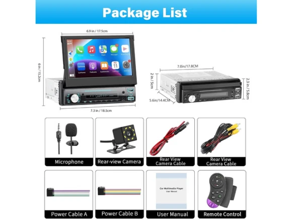 7-Inch Flip-Out Touchscreen Single DIN Car Stereo — Car Infotainment System, ilepo